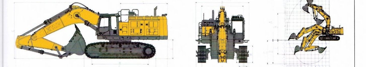 Габаритный чертёж: Карьерный экскаватор XCMG XE800GA — вид сбоку, вид спереди и диаграмма рабочей зоны с буквенными обозначениями размеров