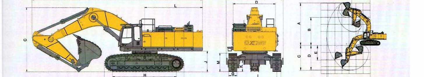 Габаритный чертёж: Карьерный экскаватор XCMG XE1050 — вид сбоку, вид спереди и диаграмма рабочей зоны с буквенными обозначениями размеров
