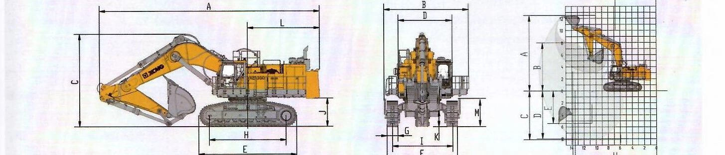Габаритный чертёж: Карьерный экскаватор XCMG XE1250G — вид сбоку, вид спереди и диаграмма рабочей зоны с буквенными обозначениями размеров