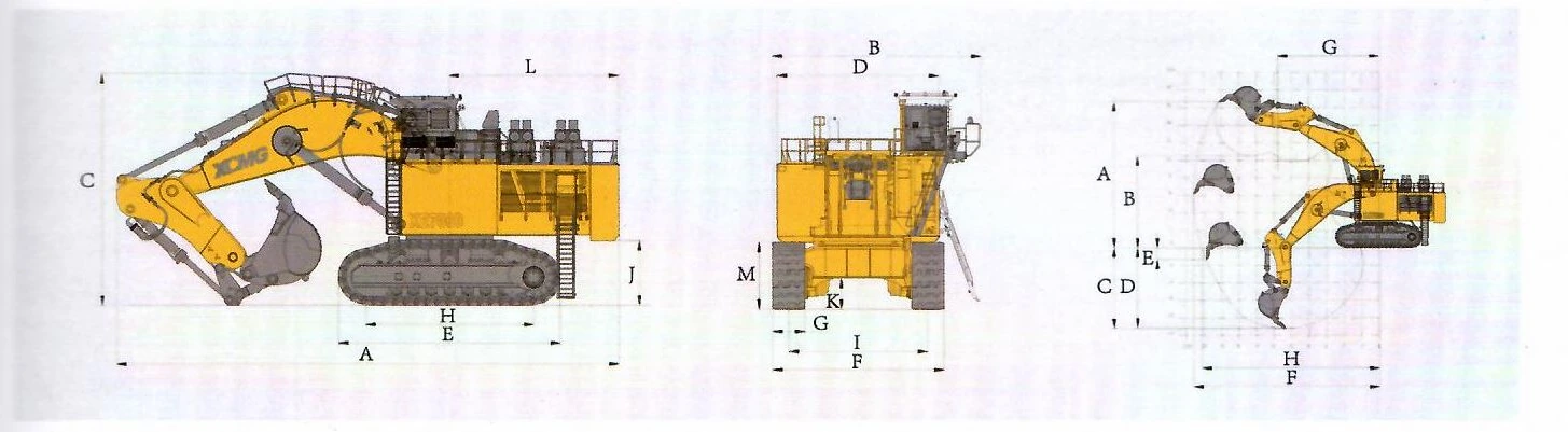 Габаритный чертёж: Карьерный экскаватор XCMG XE4000 (обратная лопата) — вид сбоку, вид спереди и диаграмма рабочей зоны с буквенными обозначениями размеров
