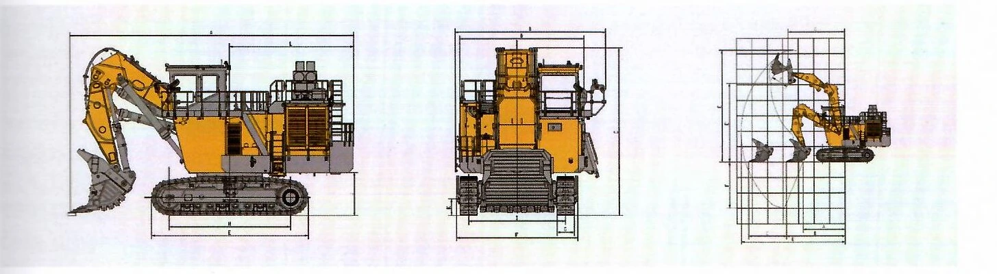 Габаритный чертёж: Карьерный экскаватор с фронтальной лопатой XCMG XE1350 (фронтальная лопата) — вид сбоку, вид спереди и диаграмма рабочей зоны с буквенными обозначениями размеров