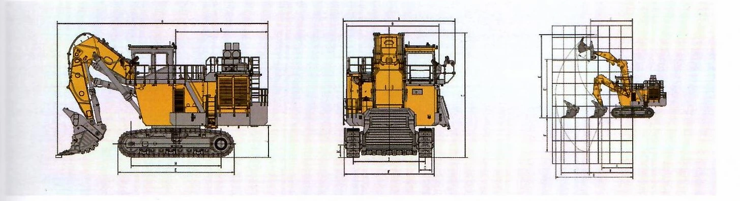 Габаритный чертёж: Карьерный экскаватор с фронтальной лопатой XCMG XE4000 (фронтальная лопата) — вид сбоку, вид спереди и диаграмма рабочей зоны с буквенными обозначениями размеров