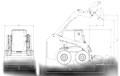 Dimensional drawing: Мини погрузчик XGMA XG3080R — side view, front view and working range diagram with dimension letters