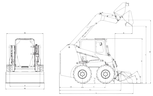 Dimensional drawing: Мини погрузчик XGMA XG3120R — side view, front view and working range diagram with dimension letters