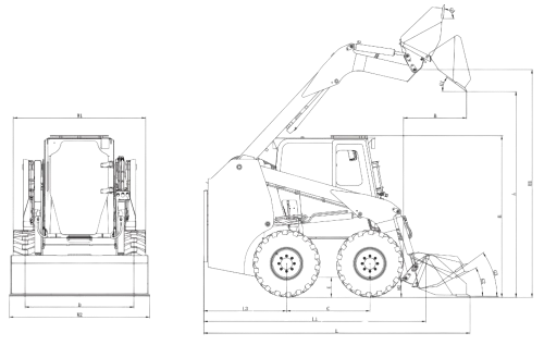 Dimensional drawing: Мини погрузчик XGMA XG3140R — side view, front view and working range diagram with dimension letters