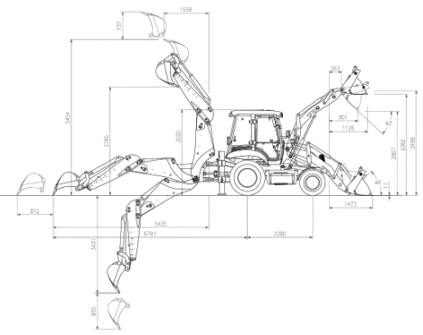 Dimensional drawing: Экскаватор-погрузчик XGMA XG765N — side view, front view and working range diagram with dimension letters
