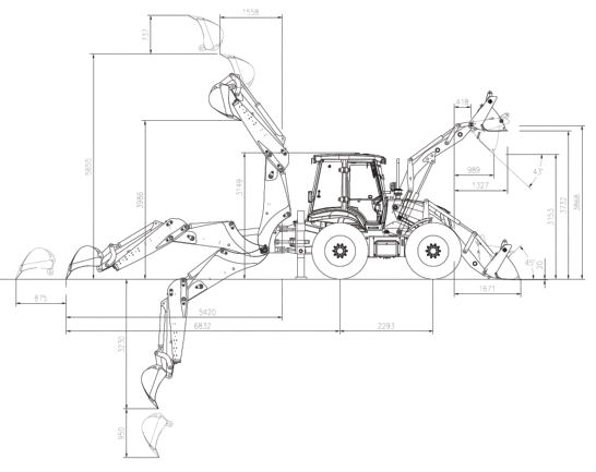 Dimensional drawing: Экскаватор-погрузчик XGMA XG765H-4TX — side view, front view and working range diagram with dimension letters