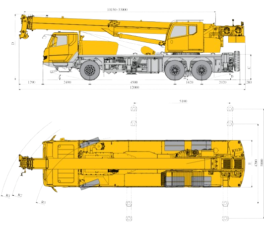 Dimensional drawing: Автокран XCMG XCT20_S (повышенной проходимости) — side view, front view and working range diagram with dimension letters